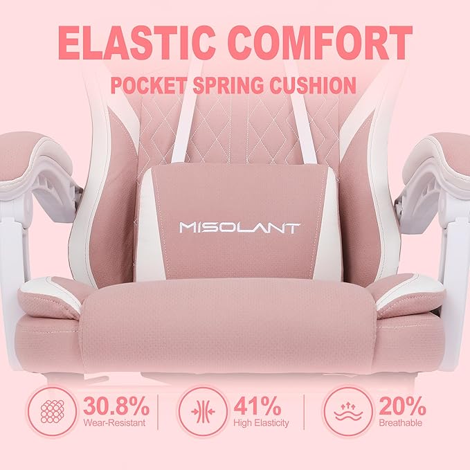Misolant Gaming Chair Fabric Gamer Chair with footrest for Adults High Back Ergonomic Computer Game Chair with Adjustable Headrest and Massage Lumbar Support 90-155° Recline Free Pink