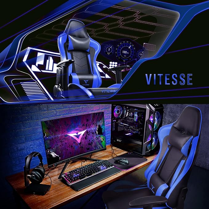 PUKAMI Gaming Chair High Back Gaming Chair for Teens Ergonomic Racing Chair Computer Desk Chair with Massage Lumbar Support and Headrest Girl Gamer Chair with Height Adjustable (Blue)