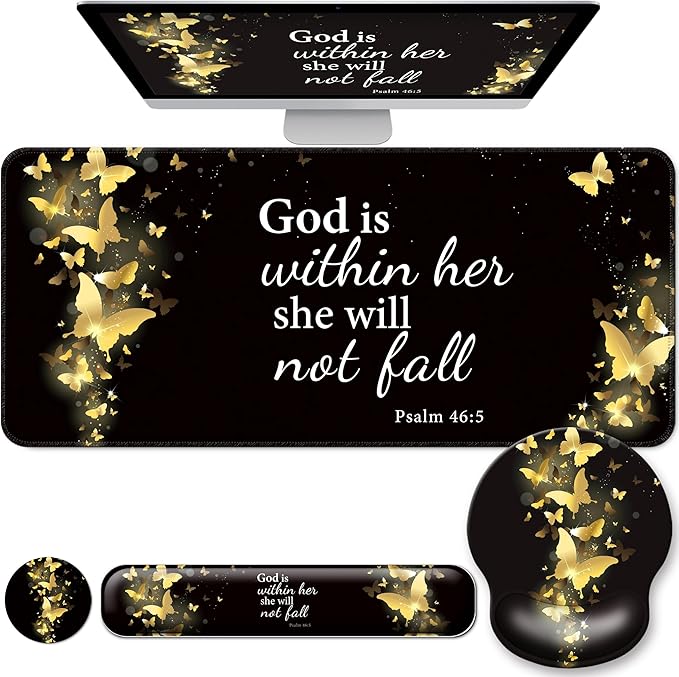 Desk Mat Set + Keyboard and Mouse Pad with Wrist Rest Support4-in-1 Large Mousepad Computer Mats for Desktop Home &amp Office-Golden Butterflies