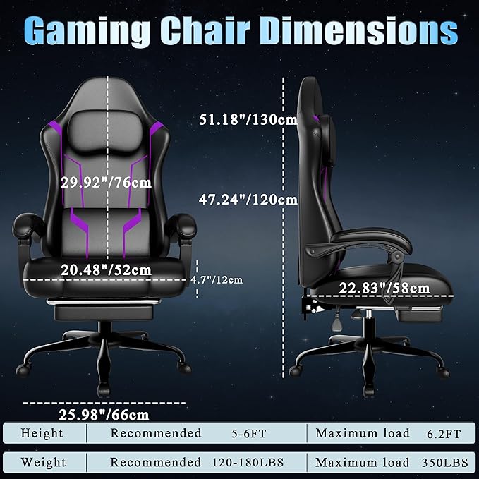 Ergonomic Gaming Chair Video Game Chair with Pocket Spring Cushion and Footrest Height Adjustable Computer Chair with Swivel Seat and Headrest (Purple)