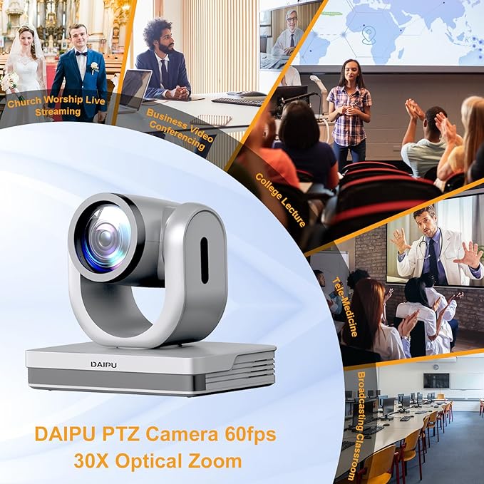 PTZ Camera 30X Optical Zoom 1080P60 HDMI USB3.0 SDI LAN PoE AI Auto Tracking Conference Room Camera 1/2.8 CMOS Sensor 255 Presets for Church Worship Live Streaming Business Video Conference