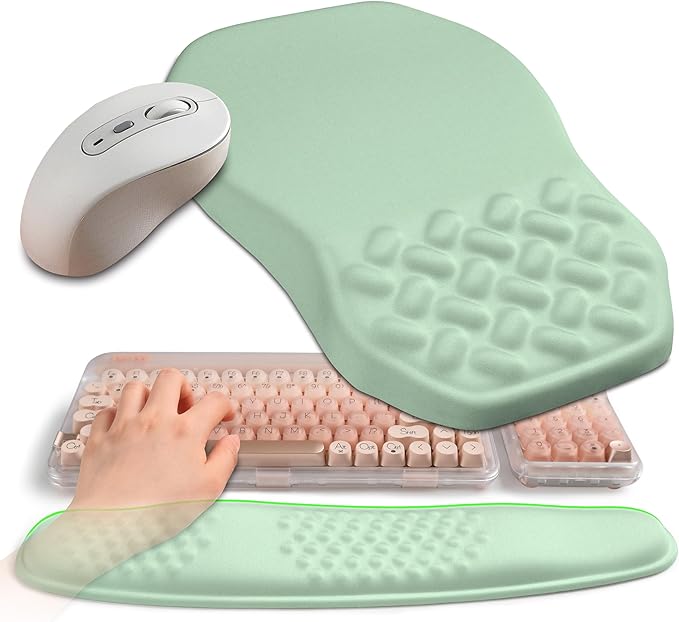 2-in-1 Ergonomic Set Wave Keyboard Wrist Rest and Massage Slope Mouse Pad Wrist Support Rebound Memory Foam for Relieve Carpal Tunnel Syndrome and Wrist Pain (Light Green)