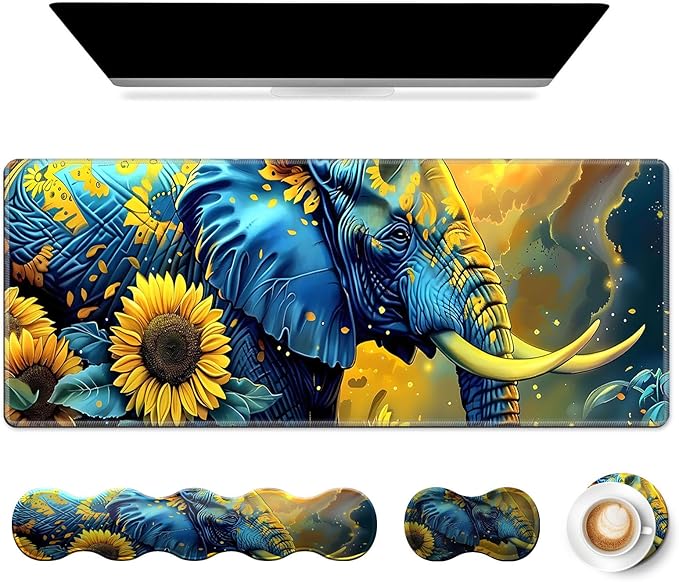 4 in 1 Large Gaming Mousepad Coaster Memory Foam Ergonomic Keyboard Mouse Wrist Rest Non-Slip Rubber Base Stitched Edges Office Desk Mat Protector for Computer Home Office Elephant Sunflower Field