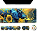 4 in 1 Large Gaming Mousepad Coaster Memory Foam Ergonomic Keyboard Mouse Wrist Rest Non-Slip Rubber Base Stitched Edges Office Desk Mat Protector for Computer Home Office Elephant Sunflower Field