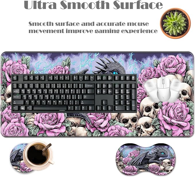 Ergonomic Keyboard Wrist Rest &amp Mouse Pad Wrist Rest SetXL Gaming Desk Mat 31.5x 11.8Non-Slip BaseMemory FoamEasy Typing Pain Relief for Office &amp HomeDragon with Roses Skulls