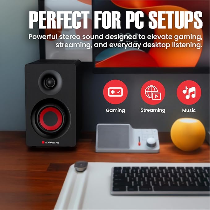 Audiosource Bluetooth 2-Way Bookshelf Speakers 30W RMS Powered Desktop Speakers/Woofer Rear Bass Port AUX &amp USB MP3 Playback Multipoint Pairing Wood Cabinet – Hi-Fi PC Gaming &amp Music Syst