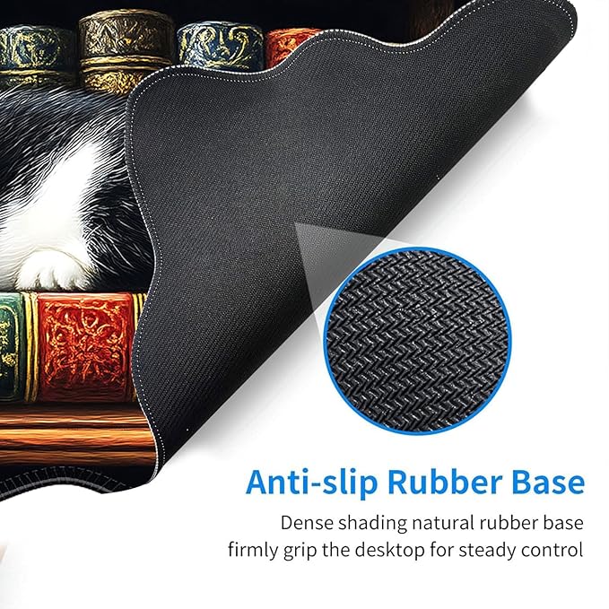 Desk Mat Mouse Pad with Wrist Rest 4-in-1 Large Mouse Pads for Desk Ergonomic Mouse Pad and Keyboard Wrist Rest Gaming Keyboard Mat for OfficeCat on Bookshelf