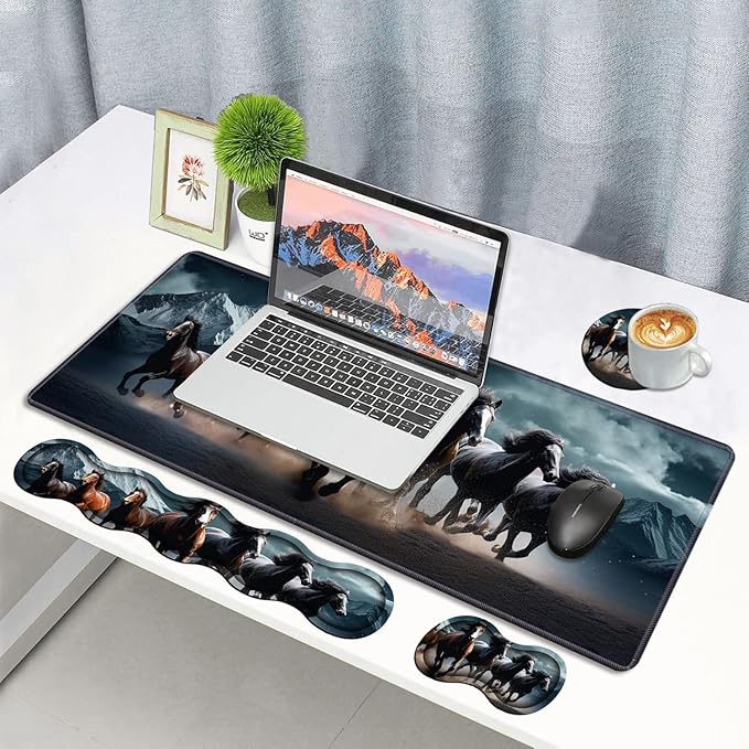 4 in 1 Ergonomic Memory Foam Mouse Pad Wrist Rest Set Large XXL Gaming Desk Pad + Keyboard Wrist Rest + Mouse Wrist Cushion + Coaster for Home Office Study Gaming Running Horses