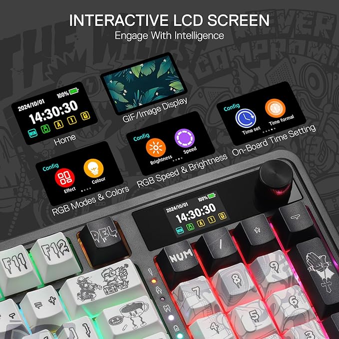 Redragon K719 PRO Wireless Gasket Gaming Keyboard w/Hype Screen &amp Knob 95 Keys Mechanical Keyboard Easy-Control 1.14’’ TFT Info Display 5-Layer Noise Dampening Street Graffiti Dye-Sub PBT Keyc