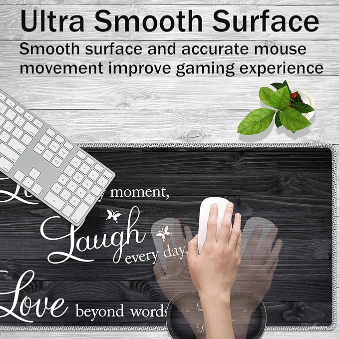 Large Game Mouse Pad + Wrist Support Pad + Coffee Coaster Quote Live Love Laugh Foldable Table Mat with Stitched Edge Non-Slip Set Pad Suitable for Office Work and Home