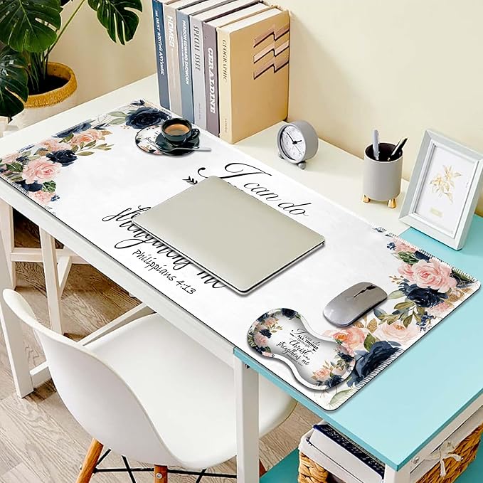 3-in-1 Large Mouse Pad Gaming Set (31.5 x 11.8 inch)+ Wrist Rest Pad + Coaster Memory Foam Gel Wrist Rest Pad for Pain Relief Stitched Edges Non-Slip Table Mat Bible Phil 4-13 Floral