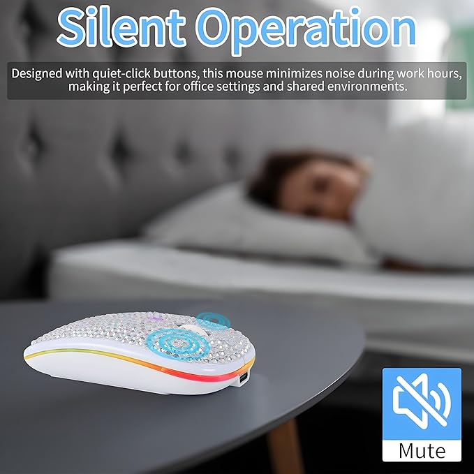 Rechargeable Bluetooth Wireless Mouse with Bling Crystal Rhinestones &amp 7-Color LED Lights - Silent Dual Mode Wireless Mouse for Laptops PCs and Macs - Perfect for Office Travel &amp Home Use (