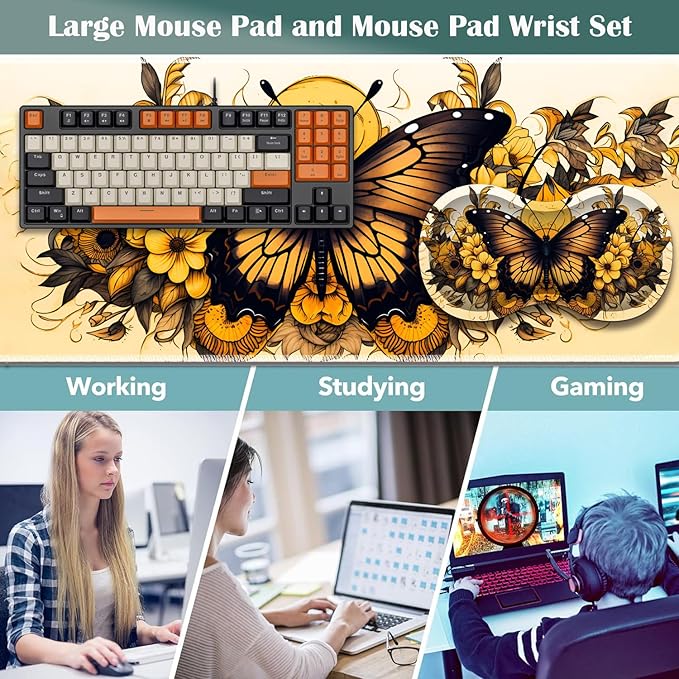 Large Game Mouse Pad + Wrist Support Pad + Coffee Coaster Desk Pad with Sewn Edges Anti-Slip Set pad Suitable for Office Work and Home - Yellow Sunflower Butterfly
