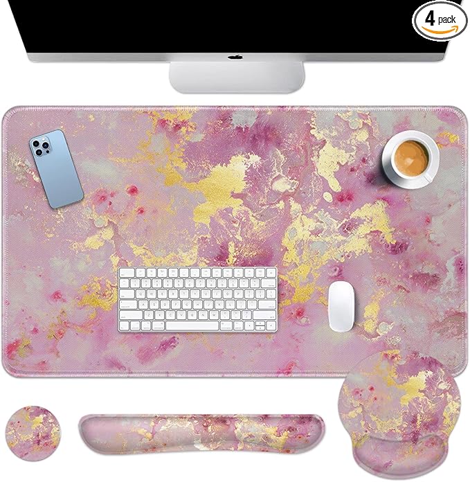 Britimes Pink Gold Liquid Marbling Keyboard Mouse Pad Set 4in1 Large Mousepad+Keyboard Wrist Rest+Mouse Wrist Rest+Coaster Set with Ergonomic Design for Home Office Computer 35.4x15.7 inches