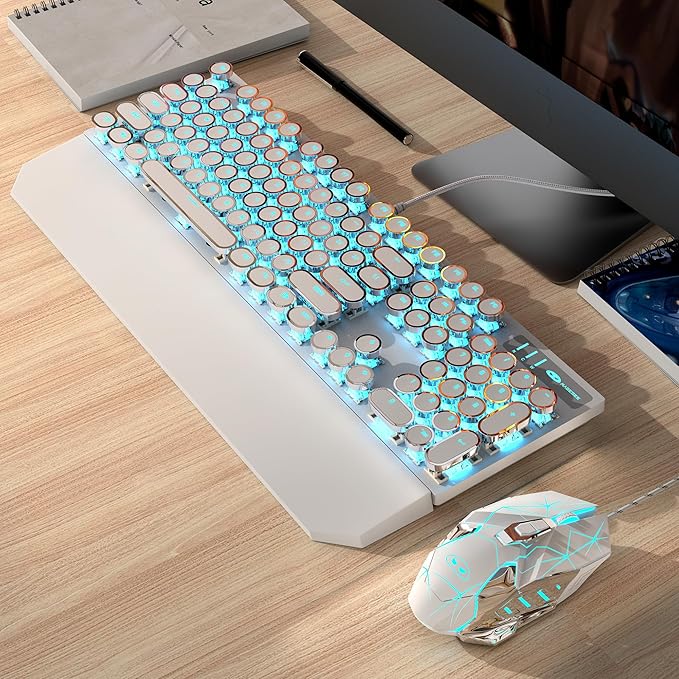 Typewriter Mechanical Gaming Keyboard and Mouse Combo Retro Punk Round Keycaps RGB Rainbow Backlit Wired Keyboard for Game and Office for Windows Laptop PC Red Switches(White)