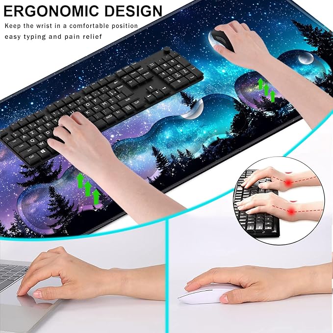 Keyboard Wrist Rest and Mouse Pad with Wrist Support Set Ergonomic CoasterMemory FoamEasy Typing Pain ReliefLarge XL Desk Mat 31.5x 11.8Forest Moon