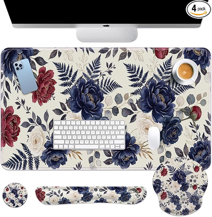 Britimes Navy Blue Florals Keyboard Mouse Pad Set Red Peony Florals Boho 4in1 Large Mousepad+Keyboard Wrist Rest+Mouse Wrist Rest+Coaster Ergonomic Design for Home Office Computer 35.4x15.7 inches