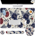 Britimes Navy Blue Florals Keyboard Mouse Pad Set Red Peony Florals Boho 4in1 Large Mousepad+Keyboard Wrist Rest+Mouse Wrist Rest+Coaster Ergonomic Design for Home Office Computer 35.4x15.7 inches