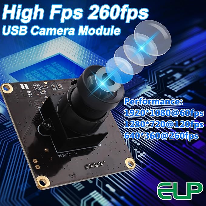 ELP High Speed USB Camera 1080P Embedded Webcam Board with 100degree No Distortion Lens for Computer High fps 60fps 120fps 260fps Wide Angle UVC USB2.0 Camera Module for Laptop 3D Printer Raspberry Pi