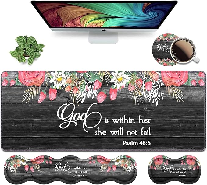 Ergonomic Keyboard Wrist Rest &amp Mouse Pad Wrist Rest SetLarge XXL Gaming Desk Mat 31.5x 11.8Non-Slip Base Memory FoamEasy Typing Pain Relief for Office &amp HomeFloral Quote Bible Verse Ps