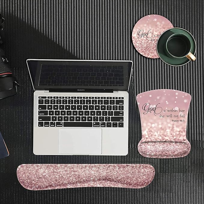 Ergonomic Mouse Pad Wrist Support Gel and Keyboard Wrist Rest Set Psalm 46:5 God is Within Her She Will Not Fall Design for Laptop Gaming and OfficeComfortable and Pain Relief + Coaster