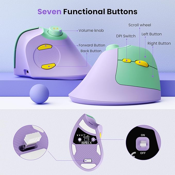 seenda Ergonomic Mouse Rechargeable USB+Dual Bluetooth MOU-302 Vertical Wireless Mouse with Volume Knob Quiet Clicks Multi-Device Cordless Mice Compatible for Windows PC Laptop Mac OS