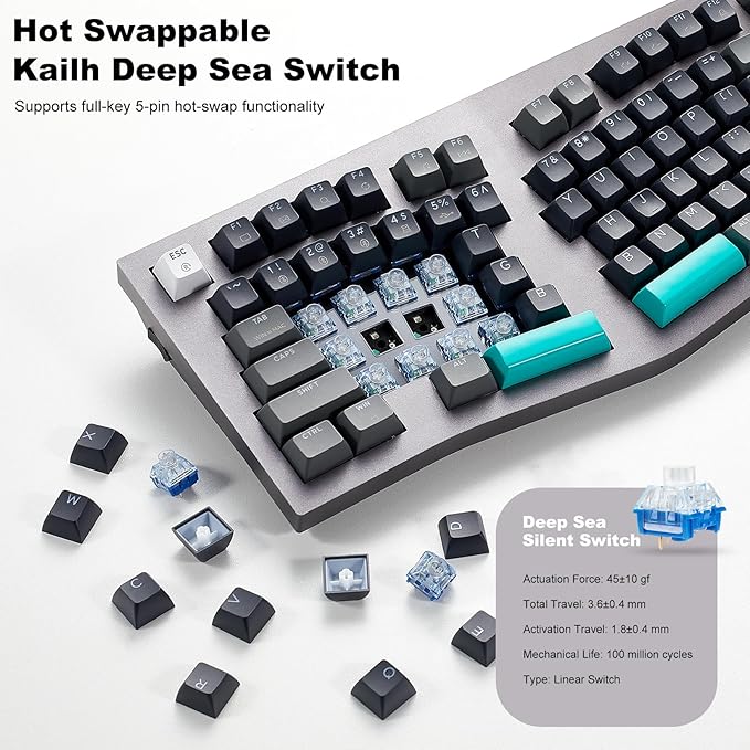 Hexgears F2 - Aluminum Custom Mechanical Keyboard Split Alice 83 Key Layout Ergonomic Keyboard Hot Swappable Slient Linear Switch BT5.0/2.4GHz/USB-C RGB Backlit for Win/Mac (Gradient Silver)
