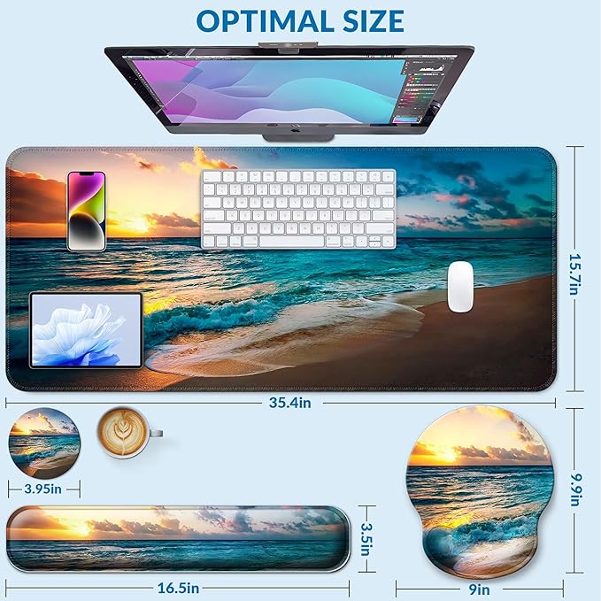 Desk Mat Set + Keyboard and Mouse Pad with Wrist Rest Support4-in-1 Large Mousepad Computer Mats for Desktop Home &amp Office-Sunset Sea