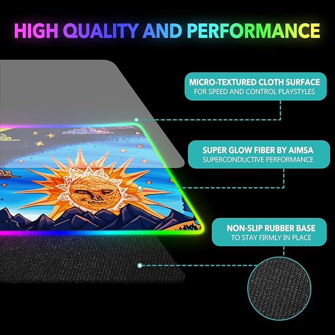 AIMSA Large Gaming Mouse Pad RGB Keyboard Led Mousepad Extended 35.4 x 15.8 inch Non-Slip Rubber Base with 14 Lighting Modes Desk Mat Abstract Sun