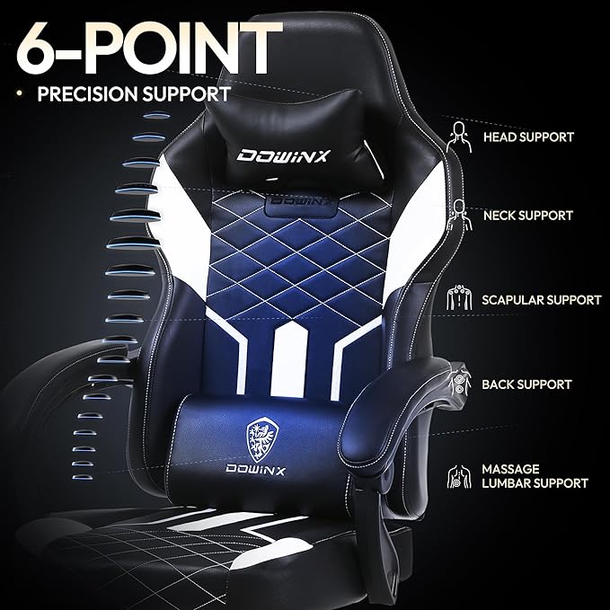 Dowinx Gaming Chair with Pocket Spring Cushion High Back Ergonomic Computer Chair PU Leather 350 LBS Black and White