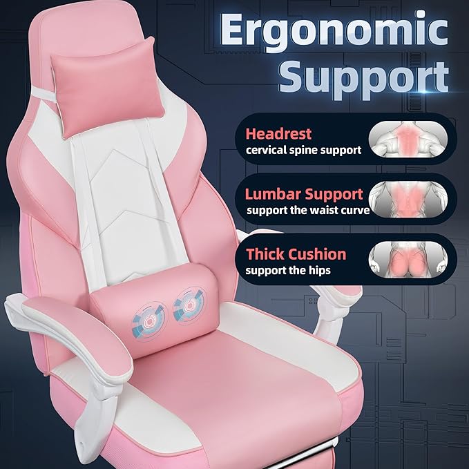 Vongrasig Ergonomic Gaming Chair for Adults PU Leather Office Seat with Head &amp Foot Rests (Pink)