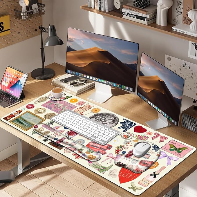 Beige Mouse Pad with Wrist Support 4 in1 Set XXL Big Game Mousepad + Keyboard Wrist Rest + Mouse Wrist Rest Pad +Coaster Gaming Mat for Home Office Work Computer I Cute Design Stickers