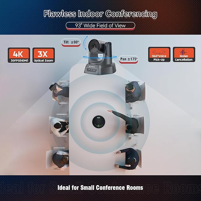 TONGVEO Conference Room Camera System 4K UHD 3X Optical Zoom 93° Ultra-Wide FoV USB3.0 PTZ Camera and Wireless Bluetooth Speakerphone with Microphones Works with Zoom OBS Skype Teams and More