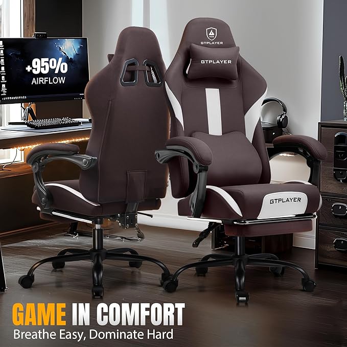 GTPLAYER Gaming Chair with Foot Rest &amp Pocket Spring Cushion Ergonomic High Back Computer Desk Chair with Headrest &amp Lumbar Support for Back Pain Relief Breathable Fabric Brown