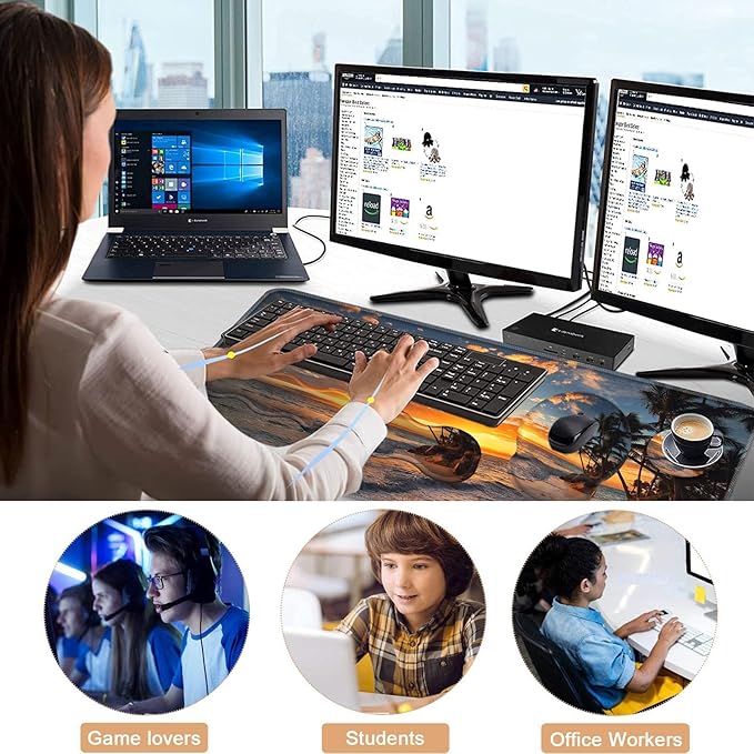 Mouse PadLarge Pink Desk Mat 4in1 XXL Mousepad + Keyboard Wrist Rest+Mouse Wrist Rest+Coaster Set with Ergonomic Desk Pad for Home Office Table Computer-Sunset Beach