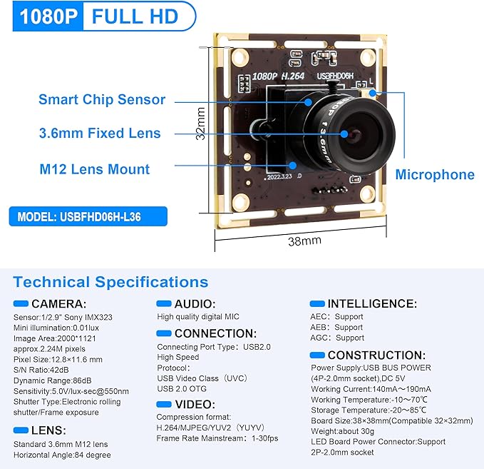 1080P USB Camera Module for Raspberry Pi 2MP 30FPS CMOS IMX323 Low Light Webcam with 3.6mm Lens Industrial Lightburn Camera Board for Windows Linux Mac OS