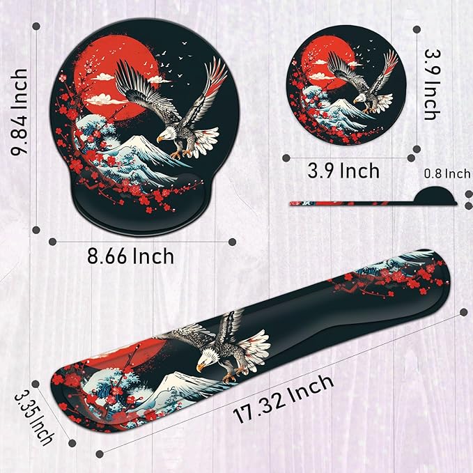 Keyboard Wrist Rest and Mouse Wrist Rest Pad with Coffee Coaster Non Slip PU Base Wrist Support with Ergonomic Raised Memory Foam for Easy Typing &amp Pain ReliefOcean Wave Cherry Blossom Eagle