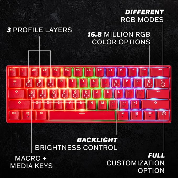 HK GAMING GK61 Mechanical Gaming Keyboard - 61 Keys Multi Color RGB Illuminated LED Backlit Wired Programmable for PC/Mac Gamer (Gateron Optical Yellow Red)