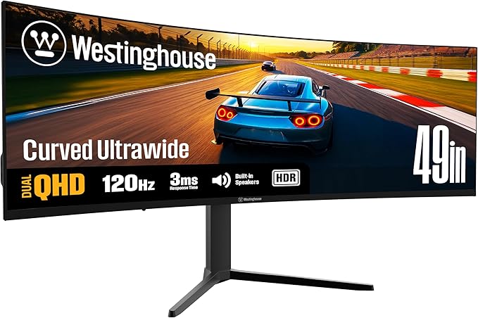 Westinghouse 49 Inch Curved Ultrawide QHD Gaming Monitor AMD FreeSync Premium Low Motion Blur R1800 Curve 5120x1440 for PC Games with Built in Speakers 2X DisplayPort 2X HDMI USB C