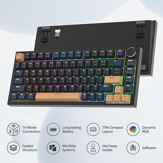 75% Wireless Creamy Mechanical Keyboard Hot Swappable Custom Keyboard RGB Backlit Gasket Gaming Keyboard 2.4G/BT5.0/USB-C Mechanical Gaming Keyboard Pre-lubed Linear Gray Cream Switches