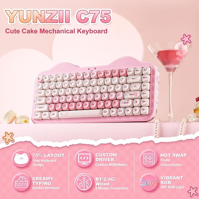 YUNZII C75 Wireless Mechanical Keyboard75% Layout Hot-Swappable NKROBT5.0/2.4G/USB-C ModeDye-Sub PBT MOA KeycapsRGB Gasket MountCute Cake Design for Mac/Win/Gaming (Pink Milk V2 Switch)
