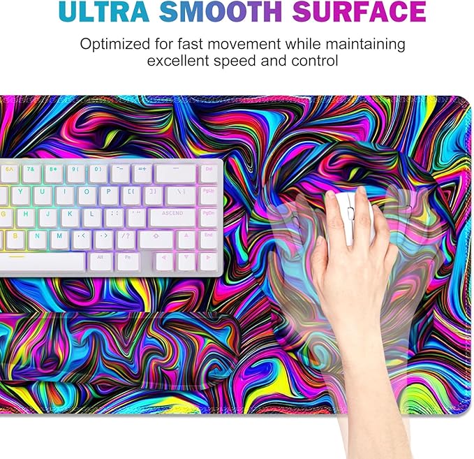 Gaming Mouse Pad Large Desk Mat Cute Desk Pad Protector 4in1 XXL Mousepad + Keyboard Wrist Rest+Mouse Wrist Rest+Coaster Set with Ergonomic Desk Pad for Home Office Computer Dazzling Bright Color