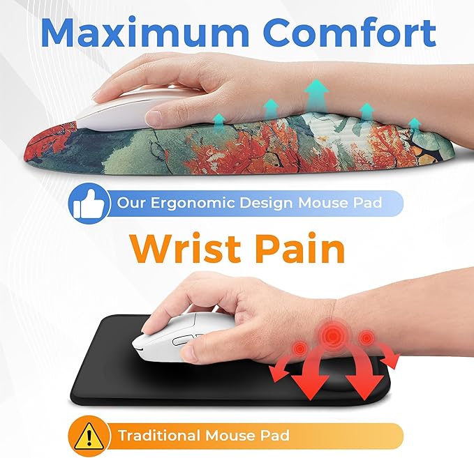Ergonomic Mouse Pad with Wrist Support Memory Foam Wrist Rest for Pain Relief &amp Carpal Tunnel Non-Slip Base for Office Computer PC Laptop (12x8x1.2inch Japanese Forest)
