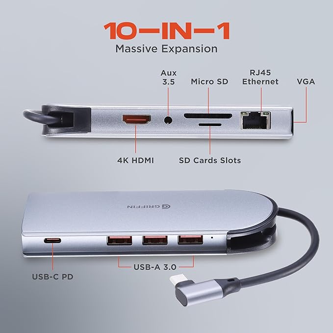 Griffin 10-in-1 USB C Hub Multiport Adapter with Ethernet 4K HDMI VGA to Aux 100W USB C Charging Hub SD/TF Card Reader 3 USB-A Ports Powered USB Hub for Laptop and PC