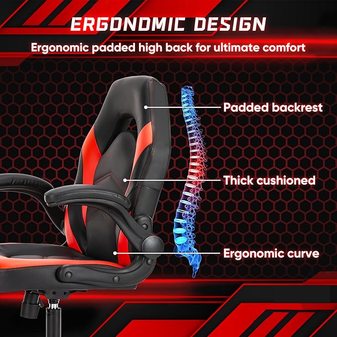 DUMOS Computer Gaming Home Office Chair - Ergonomic Big and Tall Desk with PU Leather Lumbar Support Height Adjustable High Back Video Game with Flip-up Armrest Swivel Wheels for Adults and Teens