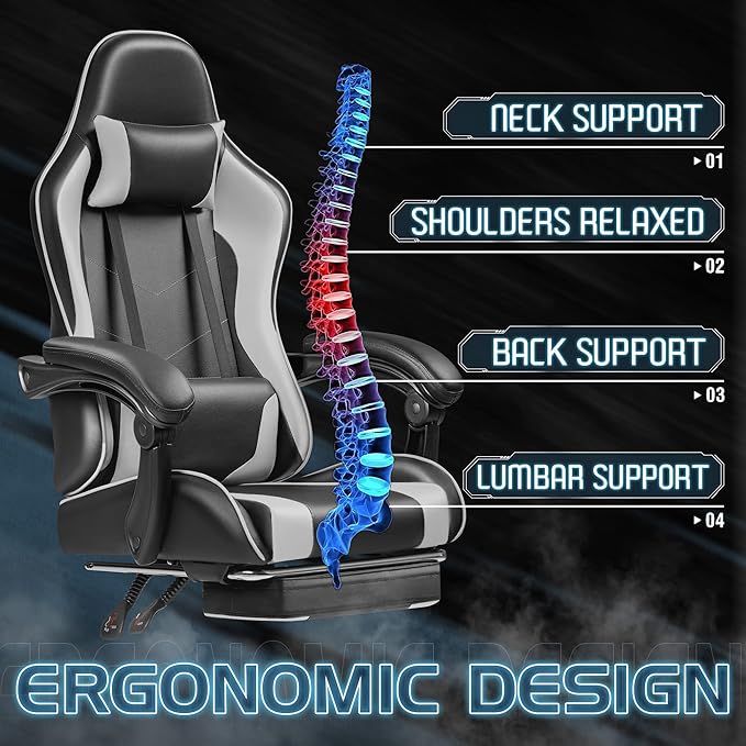 Homall Gaming Chair Video Game Chair with Footrest and Massage Lumbar Support Ergonomic Computer Chair Height Adjustable with Swivel Seat and Headrest (White)