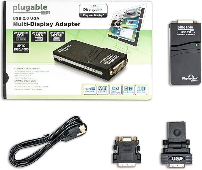 Plugable USB 2.0 to HDMI DVI or VGA I Multi-Monitor External Video Graphics Card Adapter up to 1920x1080 Supports Windows 11 10 8.1 7 XP Mac and ChromeOS