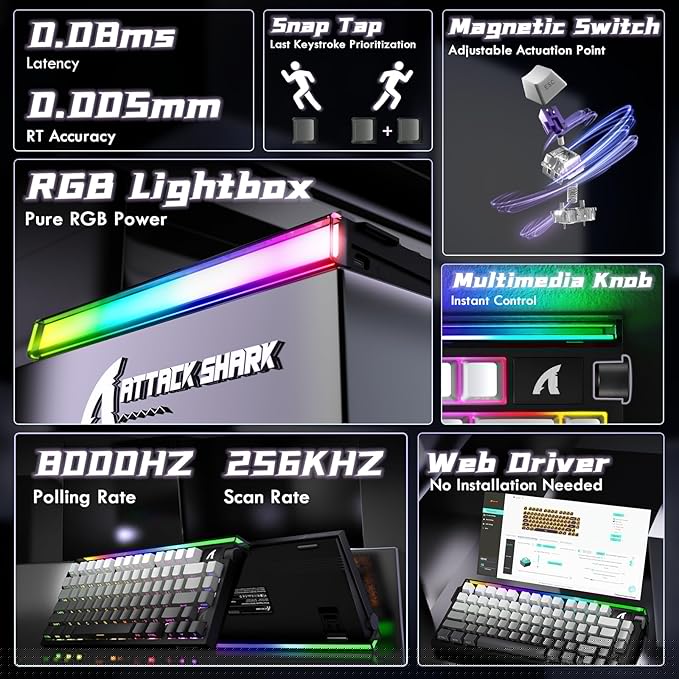 ATTACK SHARK R85HE Wired 75% Hall Effect Rapid Trigger Mechanical RGB Gaming Keyboard with 8K Polling0.05mm RT Accuracy0.08MS LatencyMagnetic Switch5 Layer Sound DampedDriver for PC(Moonlight)