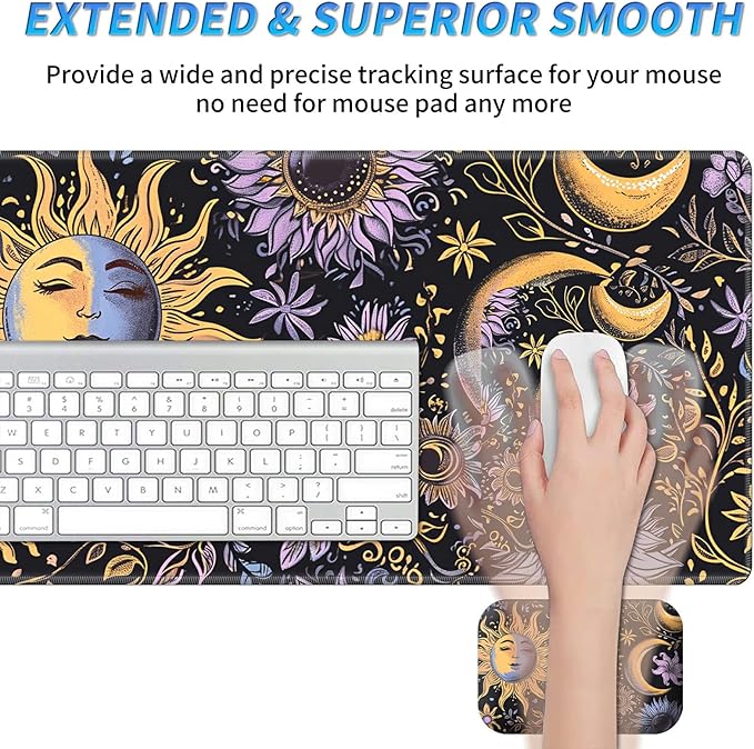 Wrist Rest Pad Small Mouse Pad and Office Desk Mat Set 3 in 1 Desk Pad 11.8 x 23.6+Mousepad +Mouse Wrist Rest with Ergonomic Design Non-Slip for Home Gaming Computer Purple Flower Sun