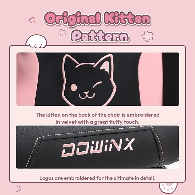Dowinx Gaming Chair Cute with Cat Ears and Paw Lumbar Ergonomic Computer Chair for Girl with Footrest and Headrest Comfortable Reclining Game Chair 292lbs for Adult Teen Black